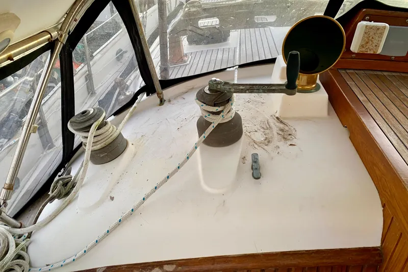 Slide: The Image of Cockpit of 1991 Hans Christian 41 T Molakai sailboat with winch and ropes. - 50