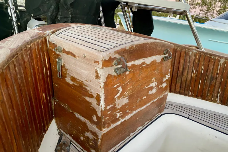 Slide: The Image of Weathered wooden deck of 1991 Hans Christian 41 T Molakai sailboat. - 55