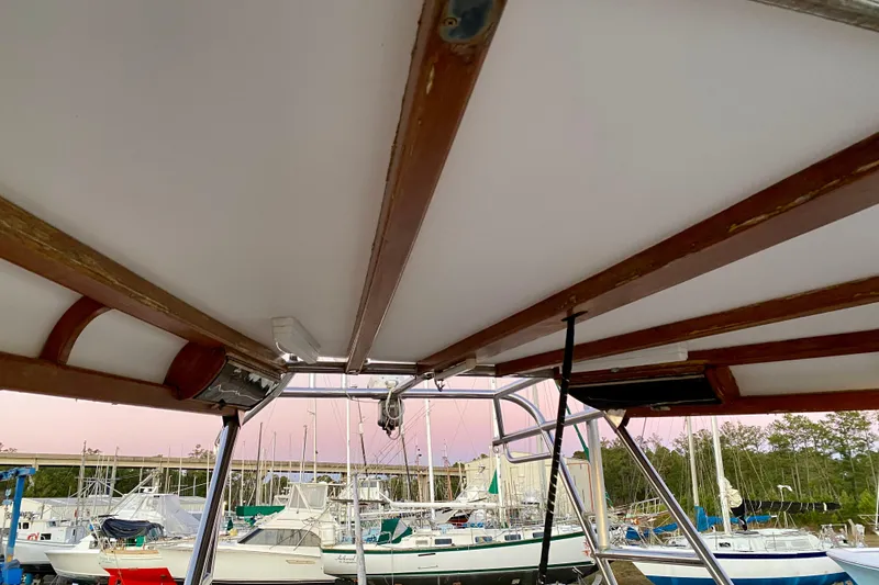 Slide: The Image of View from the deck of a 1991 Hans Christian 41 T Molakai sailboat in a marina. - 57