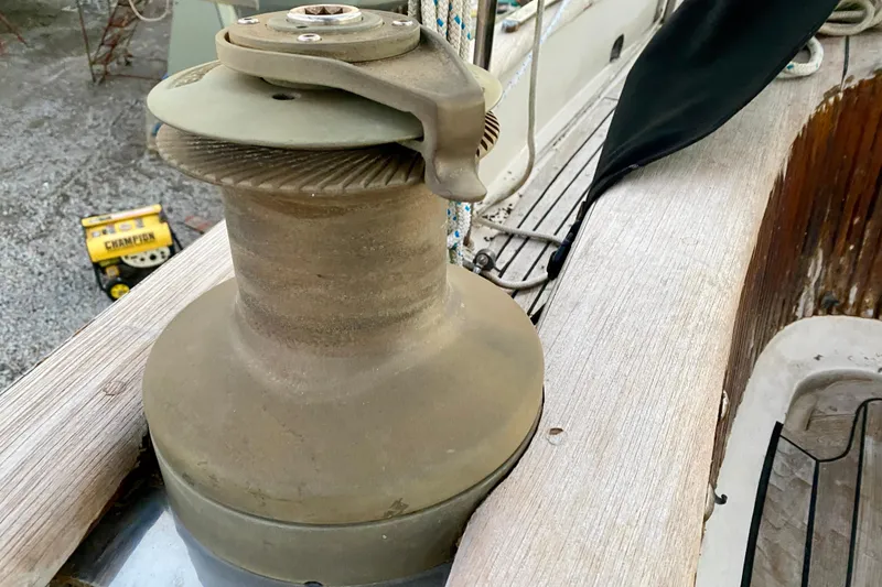 Slide: The Image of Close-up of a winch on a 1991 Hans Christian 41 T Molakai sailboat deck. - 67
