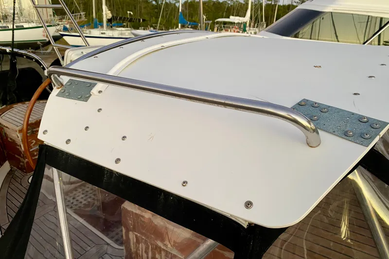 Slide: The Image of Close-up of 1991 Hans Christian 41 T Molakai yacht deck with metal railing. - 76