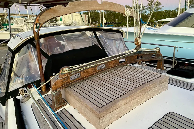 Slide: The Image of 1991 Hans Christian 41 T Molakai sailboat deck with wooden details and rigging. - 79