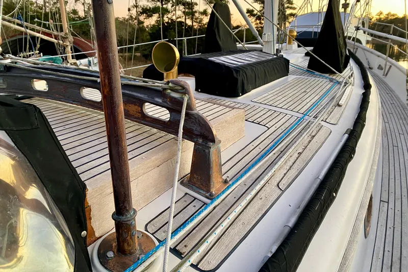 Slide: The Image of Deck of 1991 Hans Christian 41 T Molakai sailboat with wooden and metal details. - 80