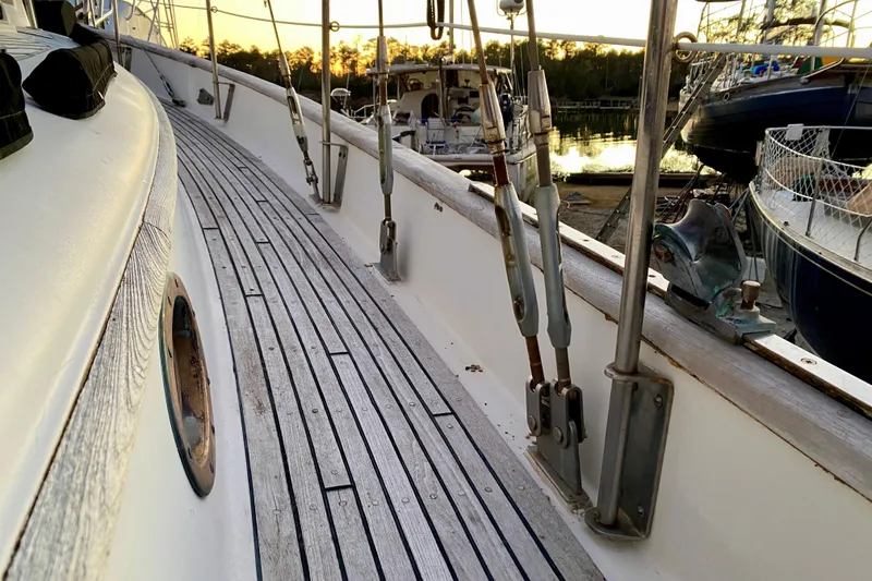 Slide: The Image of Deck view of 1991 Hans Christian 41 T Molakai sailboat at sunset. - 83