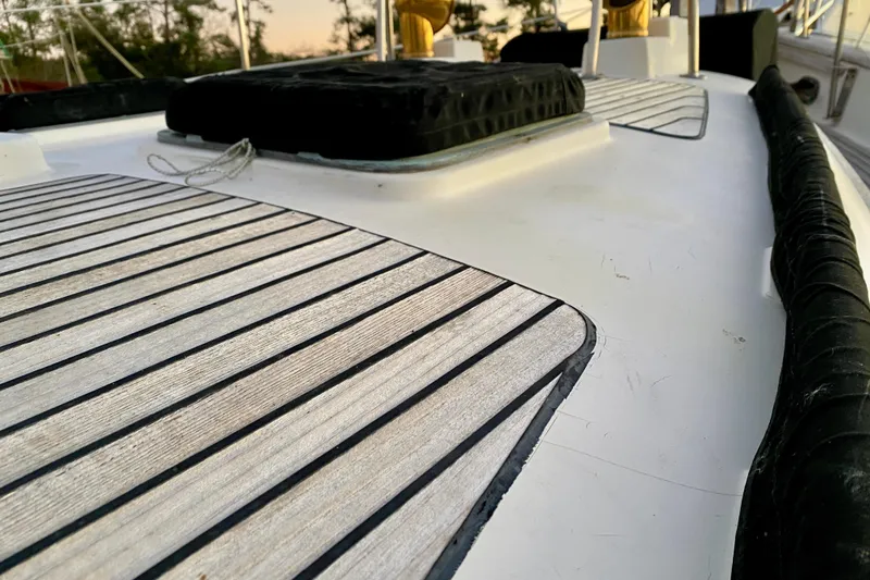 Slide: The Image of Deck of 1991 Hans Christian 41 T Molakai sailboat with wooden detailing. - 86