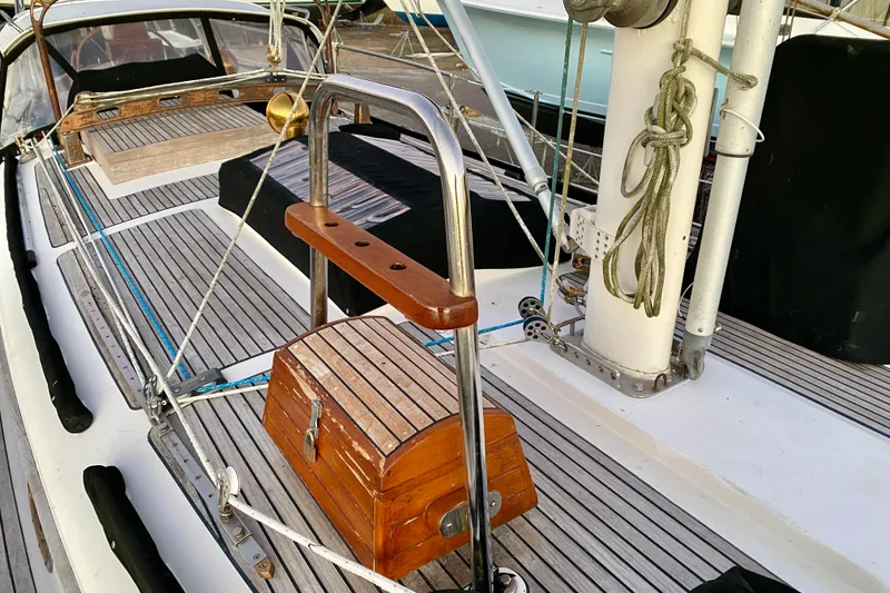 Slide: The Image of Deck of 1991 Hans Christian 41 T Molakai sailboat with wooden and metal details. - 89