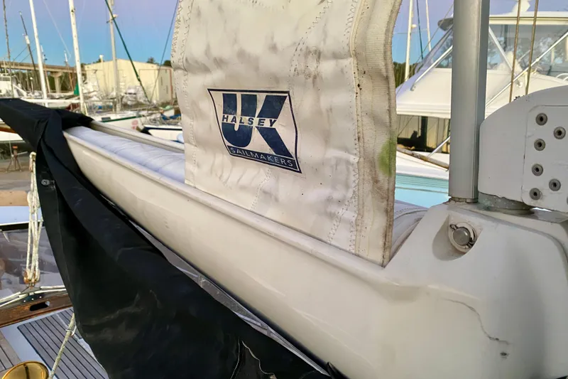 Slide: The Image of Close-up of 1991 Hans Christian 41 T Molakai sailboat with Halsey Sailmakers logo. - 97
