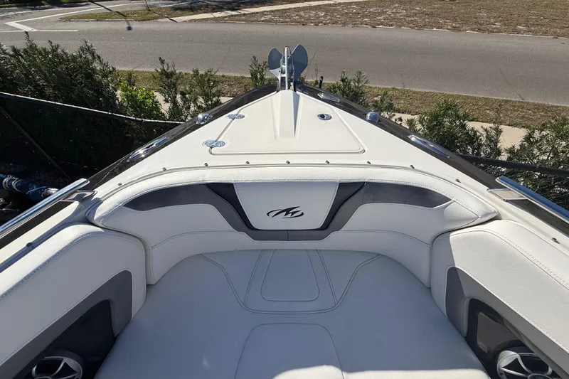 Slide: The Image of 2014 Monterey 328SS Super Sport boat interior with sleek white seating and modern design. - 60