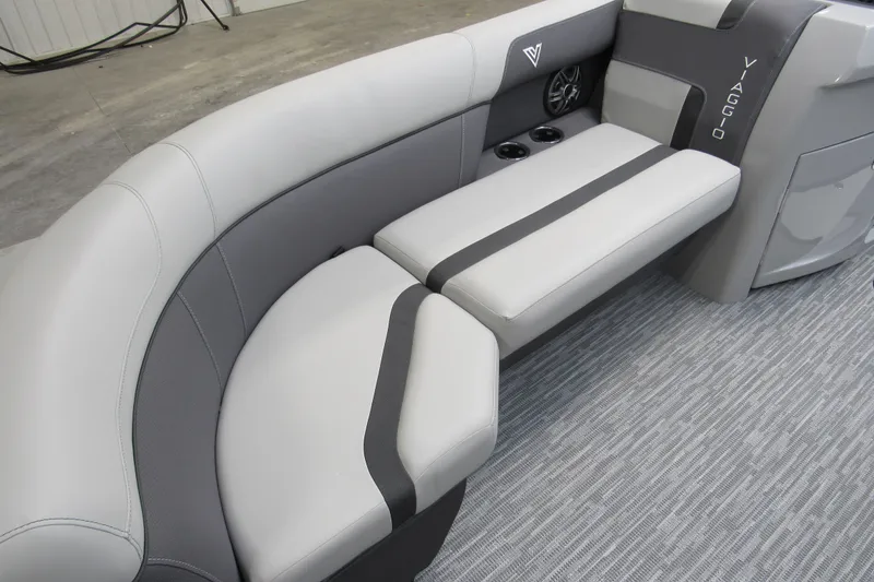 Slide: The Image of 2026 Viaggio Lago X22U boat interior with sleek gray seating and modern design. - 6