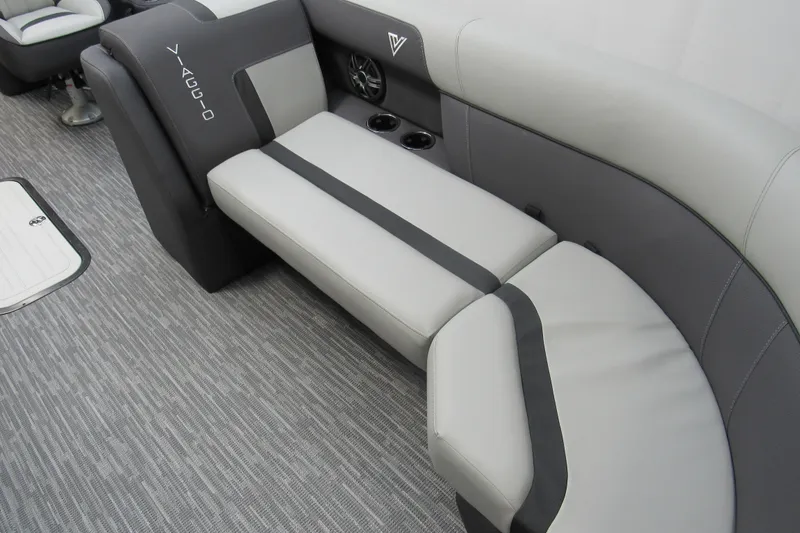 Slide: The Image of 2026 Viaggio Lago X22U boat interior with gray seating and cup holders. - 7