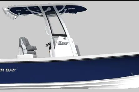 Slide: The Image of 2026 Blazer Bay 2440 boat, sleek design, blue hull, modern console, comfortable seating. - 5