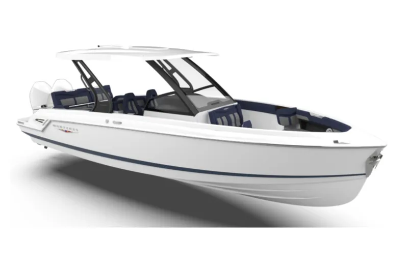 The Image of 2026 Monterey Elite 30 OB boat, sleek white design with modern features and spacious seating. - 0