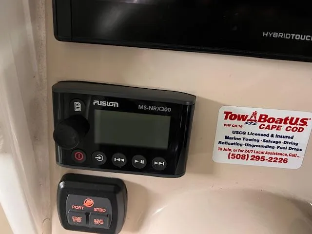Slide: The Image of Fusion MS-NRX300 stereo and TowBoatUS sticker on 2022 Boston Whaler 250 Outrage. - 14