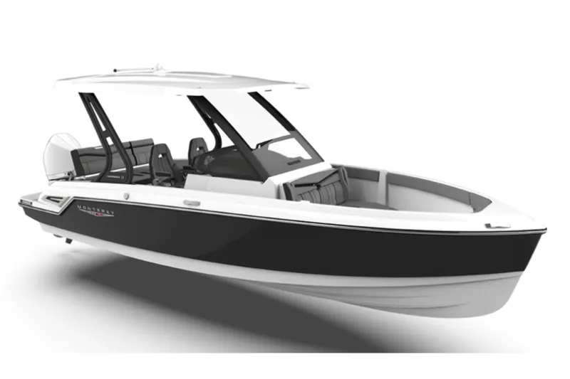 The Image of 2026 Monterey Elite 25 OB boat, sleek design, black and white exterior, modern features. - 0