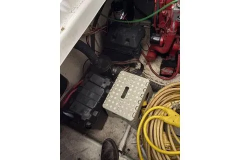 Slide: The Image of Engine room of 1997 Bayliner 3788 Command Bridge Motoryacht with equipment and cables. - 37