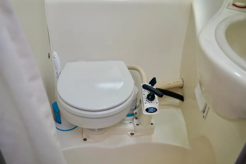 Slide: The Image of Marine toilet in 2006 Bayliner 285 boat bathroom, featuring Jabsco pump system. - 31