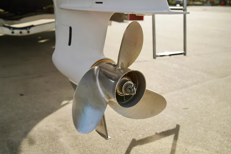 Slide: The Image of Close-up of a 2006 Bayliner 285 boat propeller on a sunny day. - 44