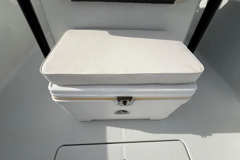 Slide: The Image of 2018 Blue Wave 2800 Pure Hybrid boat deck with storage hatch and logo. - 58