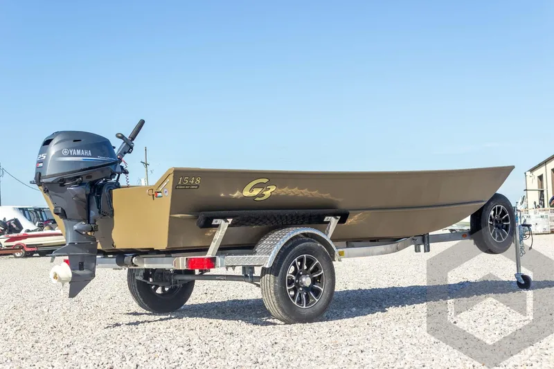 Slide: The Image of 2026 G3 Gator Tough 1548 VBW boat on trailer with Yamaha outboard motor. - 14