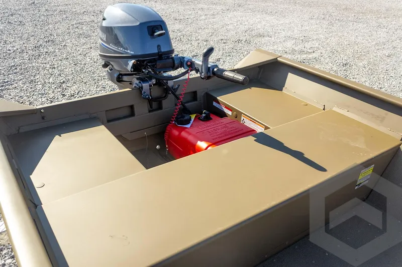 Slide: The Image of 2026 G3 Gator Tough 1548 VBW boat with outboard motor and red fuel tank. - 26