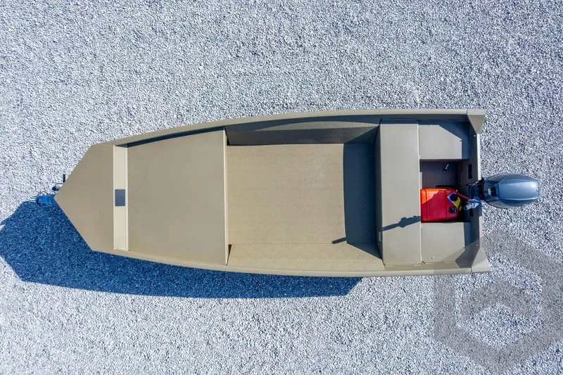 Slide: The Image of 2026 G3 Gator Tough 1548 VBW boat, aerial view on gravel surface. - 34