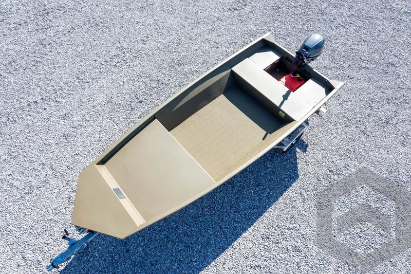 Slide: The Image of 2026 G3 Gator Tough 1548 VBW boat on gravel, aerial view. - 38