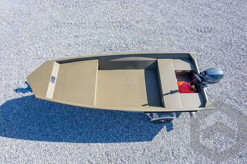 Slide: The Image of 2026 G3 Gator Tough 1548 VBW boat on gravel, aerial view. - 39