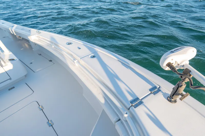 Slide: The Image of 2020 BARKER 26 boat deck with ocean view and mounted equipment. - 15