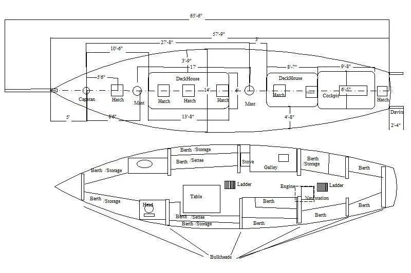 Slide: The Image of Blueprint of 1992 Treworgy 65 Schooner, showing deck and interior layout with measurements. - 23