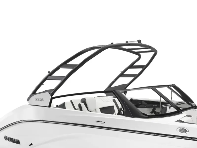 Slide: The Image of Yamaha 222S 2025 boat featuring sleek design and black wakeboard tower. - 14
