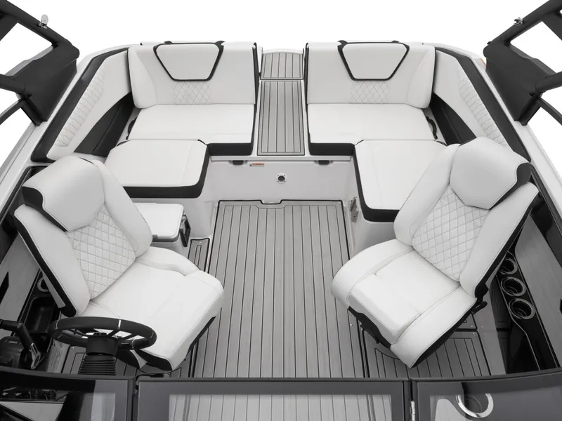 Slide: The Image of Interior of 2025 Yamaha Boats 222S with luxurious white seating. - 20