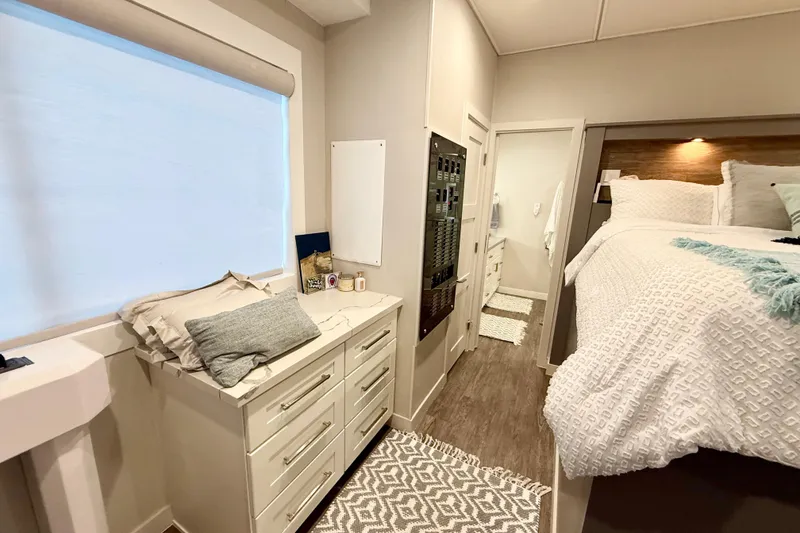 Slide: The Image of Luxurious bedroom interior of 2021 BRAVADA YACHTS Atlas V Series 8018 with modern decor. - 35