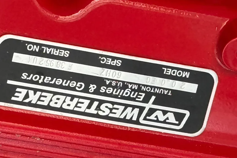 Slide: The Image of Close-up of Westerbeke engine label on Bravada Yachts Atlas V Series 8018, 2021 model. - 66