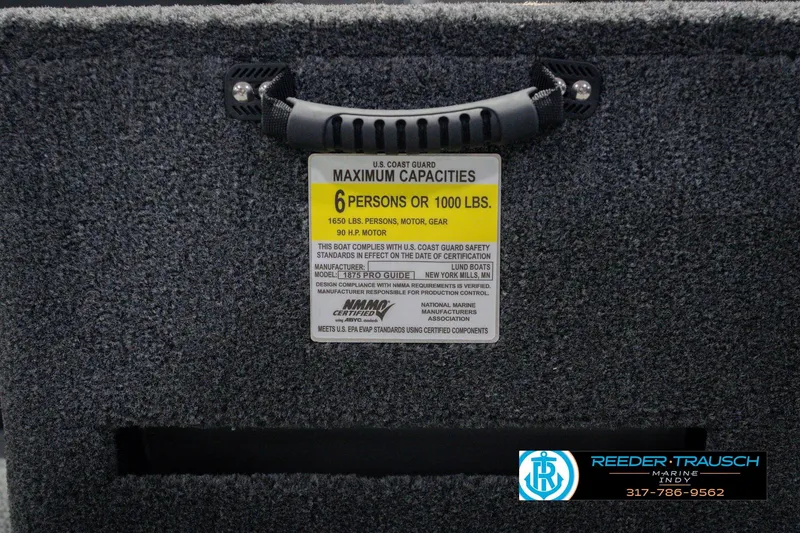 Slide: The Image of 2026 Lund 1875 Pro Guide boat capacity label, 6 persons or 1000 lbs, safety compliance. - 57