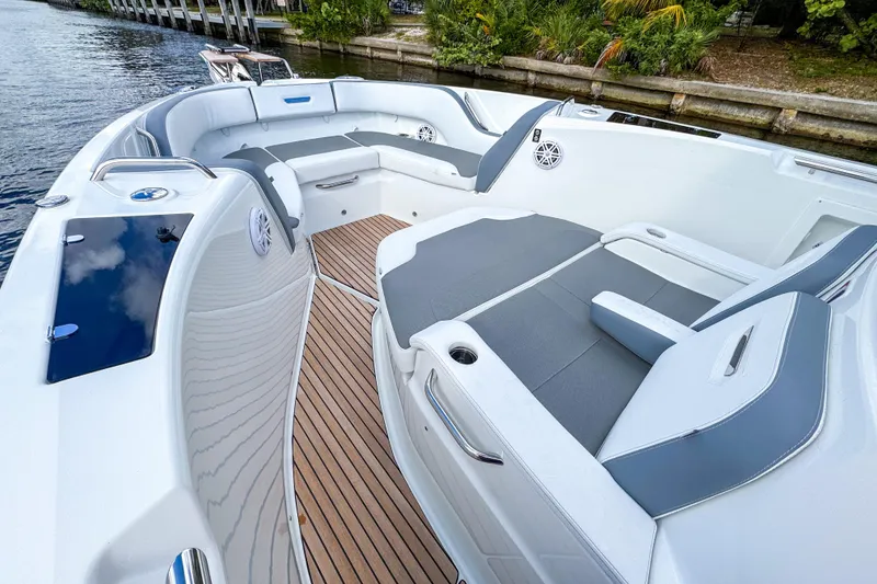 Slide: The Image of 2026 Wellcraft 38 T-Top boat interior with sleek seating and modern design. - 28