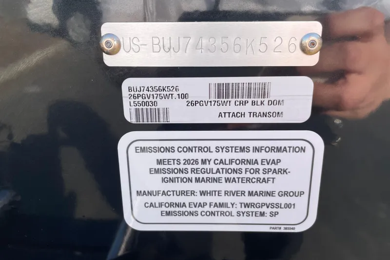 Slide: The Image of 2026 Tracker Pro Guide V-175 WT emissions control information label on boat transom. - 65