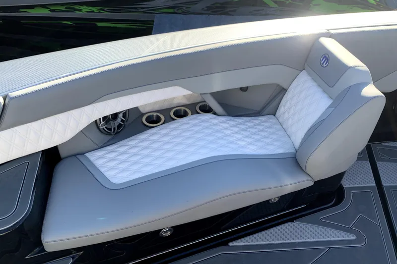 Slide: The Image of Luxurious seating in 2026 Mystic Powerboats M3800, featuring elegant quilted upholstery. - 6