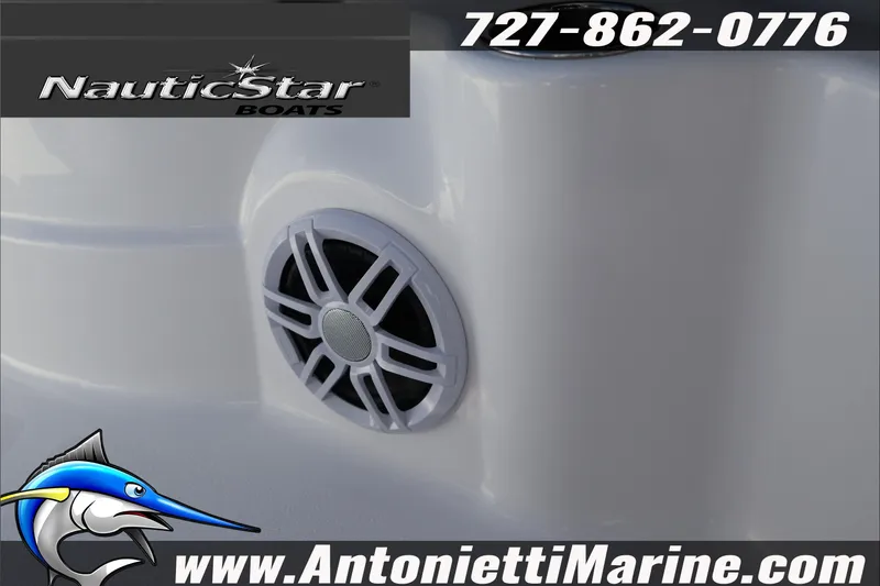 Slide: The Image of 2026 NauticStar 251 Hybrid boat speaker detail with contact information and logo. - 32