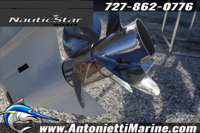 Slide: The Image of Chrome propeller of 2026 NauticStar 251 Hybrid boat, Antonietti Marine branding. - 5