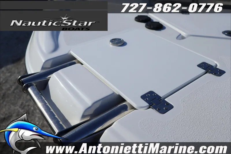 Slide: The Image of 2026 NauticStar 251 Hybrid boat detail with ladder and hatch, Antonietti Marine contact info. - 8