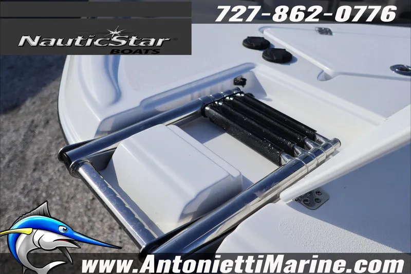 Slide: The Image of 2026 NauticStar 251 Hybrid boat ladder detail with contact info and logo. - 9