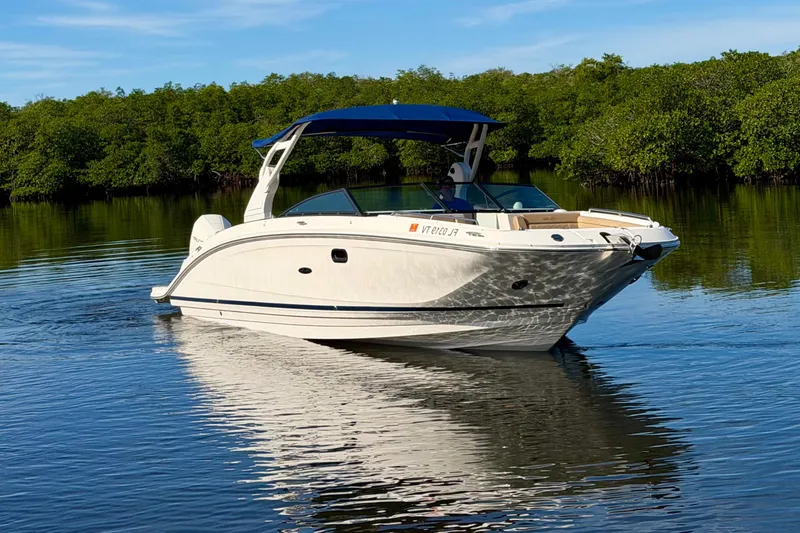 The Image of 2019 Sea Ray SDX 290 Outboard boat cruising on calm water with lush greenery background. - 0