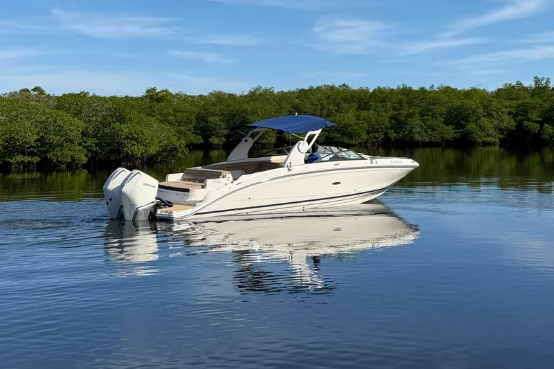 Slide: The Image of 2019 Sea Ray SDX 290 Outboard boat on calm water with lush greenery background. - 2