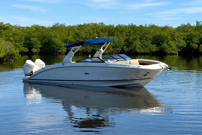 Slide: The Image of 2019 Sea Ray SDX 290 Outboard boat cruising on calm water near lush greenery. - 3
