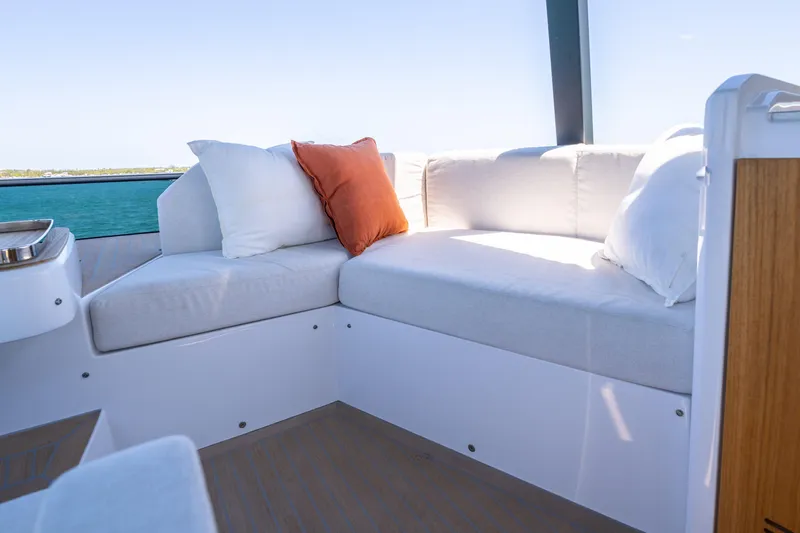 Slide: The Image of Luxurious seating area on 2027 Pardo Yachts E72 with ocean view. - 18