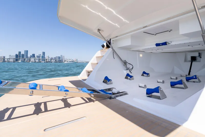 Slide: The Image of Luxury Pardo Yachts E72, 2027 model, open deck with city skyline in background. - 7