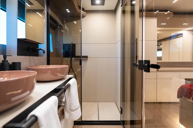 Slide: The Image of Luxurious bathroom interior of 2027 Pardo Yachts E72, featuring modern fixtures and elegant design. - 9
