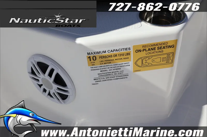 Slide: The Image of NauticStar 231 Hybrid 2026 boat capacity label with speaker and contact details. - 21
