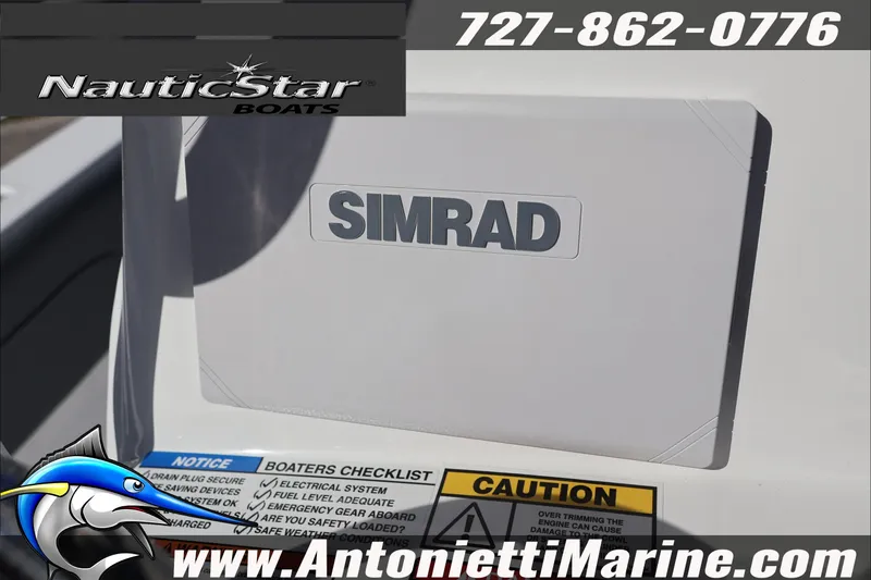 Slide: The Image of 2026 NauticStar 231 Hybrid boat with Simrad equipment, featuring safety checklist and contact details. - 31