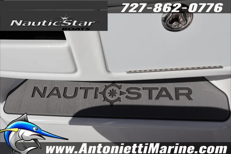 Slide: The Image of NauticStar 231 Hybrid 2026 boat branding with contact and website details. - 35
